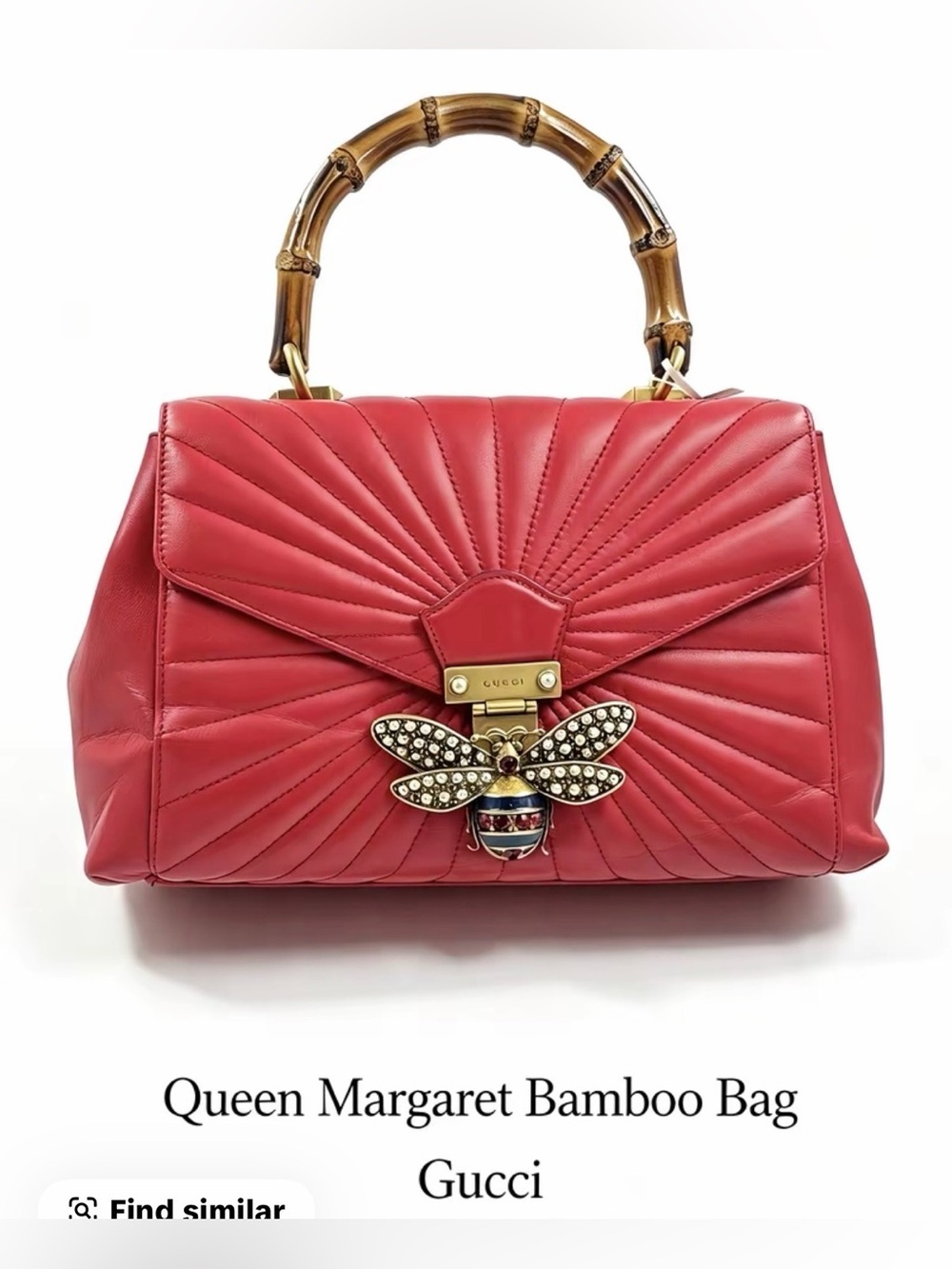GUCCI Trapuntata Red Leather Queen Margaret Bee Bamboo Handle Satchel
